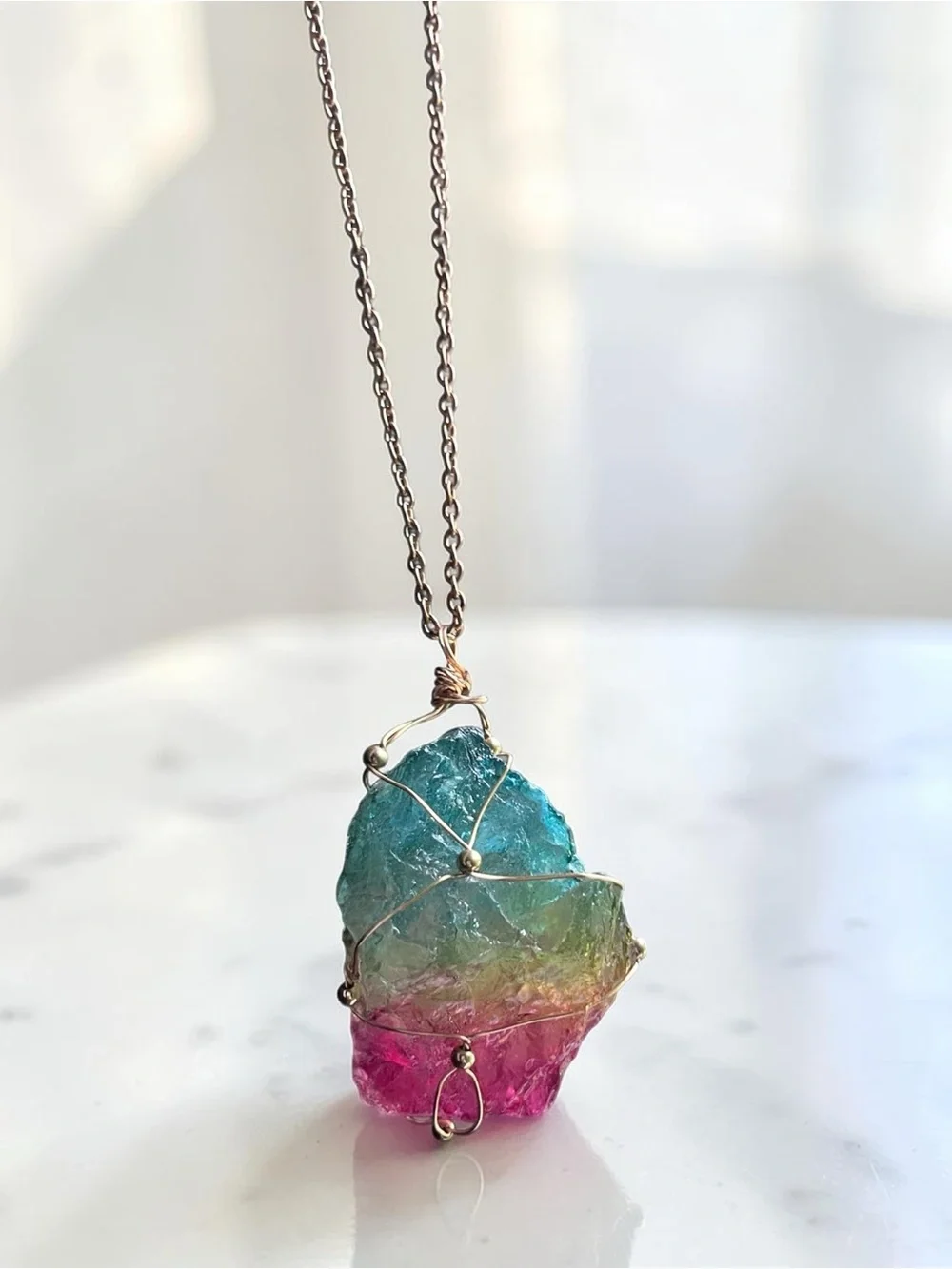 DYED QUARTZ raw cut wire wrapped natural stone pendant necklace gold chain NEW
